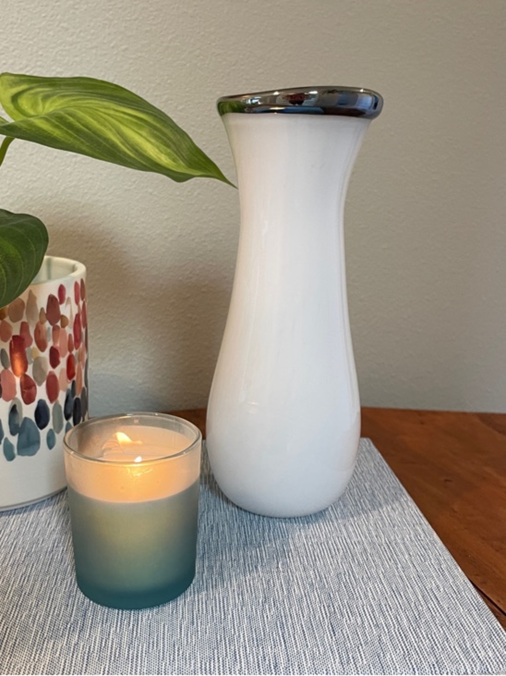 Vintage White Handblown Glass Vase – Chrome Colored Mushroom Rim –  8.5" Tall